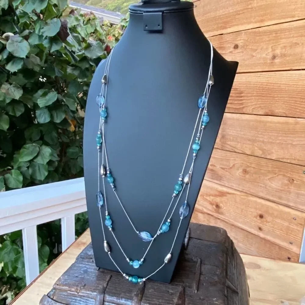 bebe Statement Necklace 3 layers silver sea green
